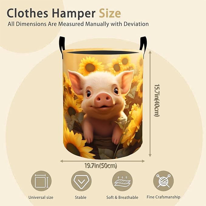 Cute Pig Face Laundry Basket Hamper for Boys Girls Kids Adults, Foldable Waterproof Oxford Clothes Storage Bin, Farm Animal Organizer for Bedroom Bathroom Room Decor 19.7"x15.8"