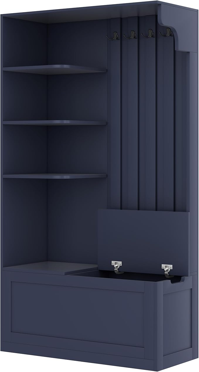 66" H Hall Tree with 4 Hooks, Open Shelving and Flip Hidden Shelf, Multifunctional Left-Right Combination Coat Rack (can be Used Separately), Entryway Bench for Living Room, Hallway (Antique Blue/35)