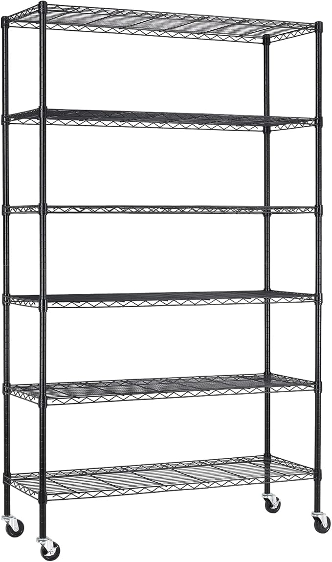 YRLLENSDAN 6 Tier Shelf Heavy Duty Metal Shelving Unit with Wheels, Adjustable Wire Storage Shelves 2100LBS Capacity, Garage Shelving for Pantry, Kitchen, Closet, Black, 18" D x 48" W x 82" H