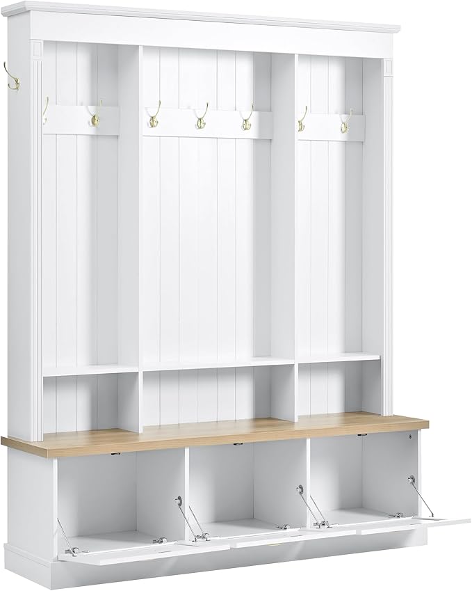 Farmhouse 75" H Hall Tree with 9 Golden Hooks, 3 Large Cabinets, Open Shelves, Roman Column Design Natural Storage Bench, Entryway Organizer with Shelves for Mudroom, Hallway (White,75)