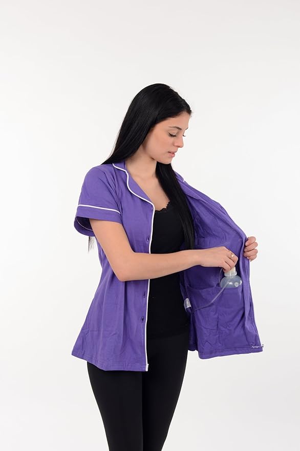 USBD Post Mastectomy Shirt with Drain Pockets Lapel Collar Post Op Button Down Recovery Tops