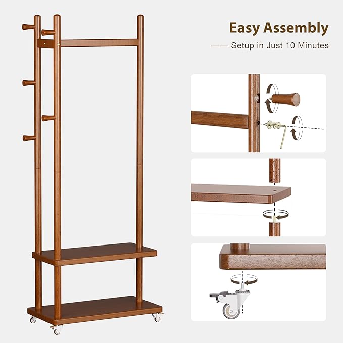 Coat Rack Freestanding Clothing Rack with Wheels, Coat Tree Freestanding Heavy Duty with 2 Storage Shelves and 5 Hooks, Wood Garment Rack for Corner Bedroom Hallway Entryway Living Room Hotel