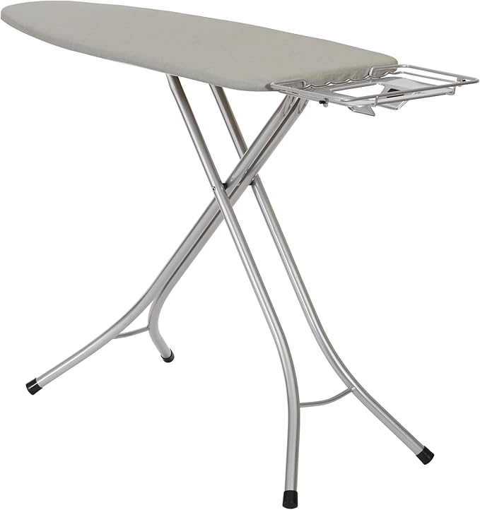 Household Essentials Wide Top Ironing Board, 4-Legs, Steel Top Ironing Board with Fixed Iron Rest, Fiber Pad, Scorch and Stain Resistant, Silver Frame and Silicone-Coated Cotton Cover