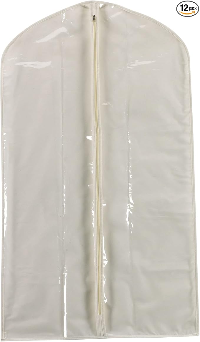 Household Essentials 311393 Hanging Garment Bag | Suit and Jacket Protector | Natural Cotton Canvas with Clear Vinyl Cover, Off-White (Pack of 12)