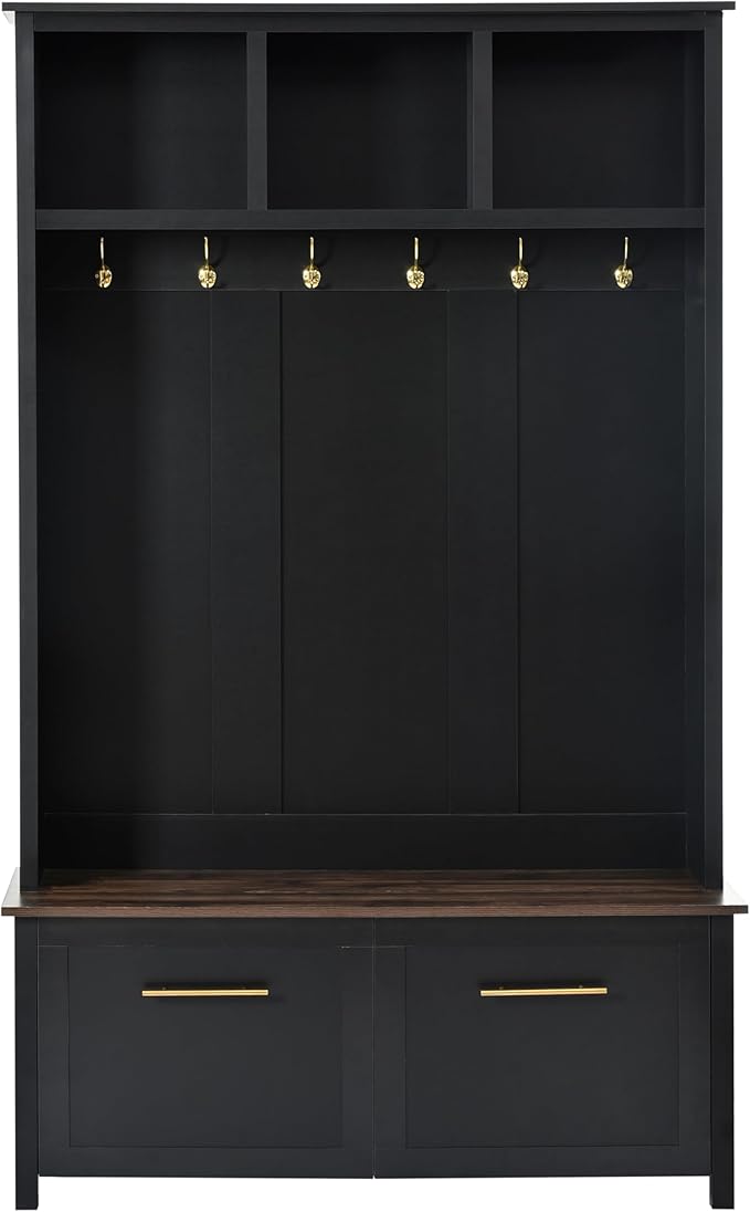 Modern Hall Tree with 6 Golden Hooks, Wood Entryway Coat Hanger with Brown Wood Grain Storage Bench and Top Open Storage Shelves, Versatile 4-in-1 Entryway Coat Rack for Entrance Hallway (Black-9.8)