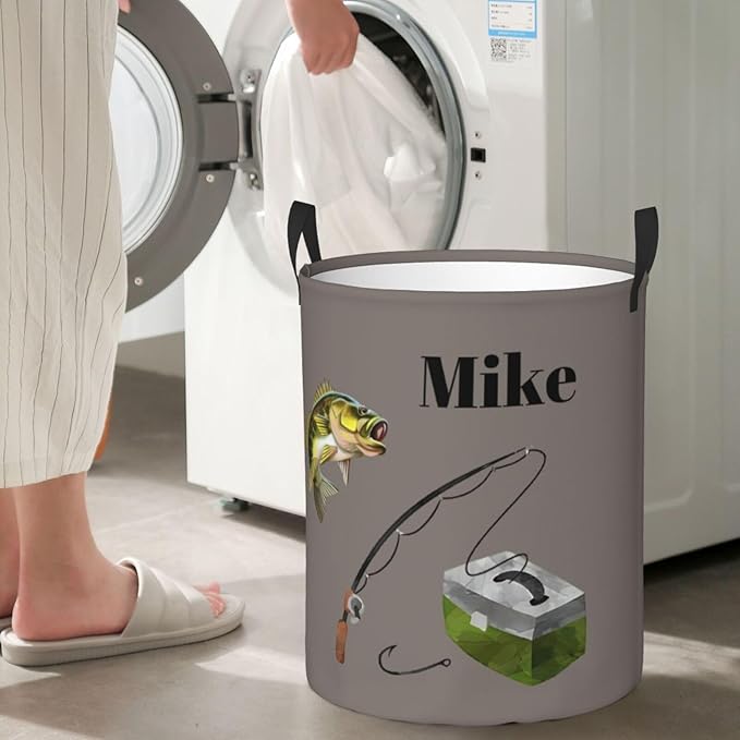 Personalized Laundry Basket for Nursery, Custom Nursery Laundry Hamper with Name, Customize Baby Clothes Circular Hamper for Boys Girls Room Decor, Fshing