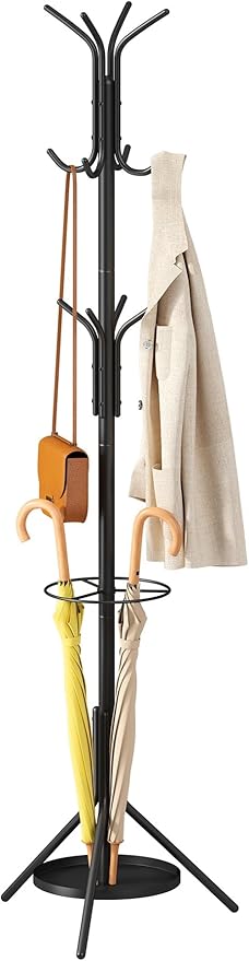 Black Coat Rack, Coat Rack Freestanding with Umbrella Holder, Adjustable Height Shelf with 12 Hooks, Used In The Bedroom, Living Room, Office To Hang Clothes, Hats, Bags