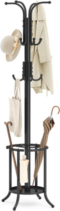 SONGMICS Coat Rack Freestanding, Coat Rack with Umbrella Holder with 12 Hooks, for Entryway, Hallway, Living Room, Bedroom, Ink Black URCR011B01