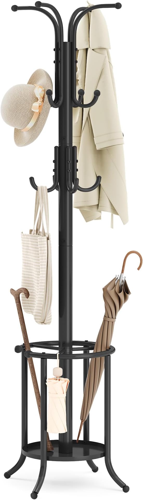 SONGMICS Coat Rack Freestanding, Coat Rack with Umbrella Holder with 12 Hooks, for Entryway, Hallway, Living Room, Bedroom, Ink Black URCR011B01