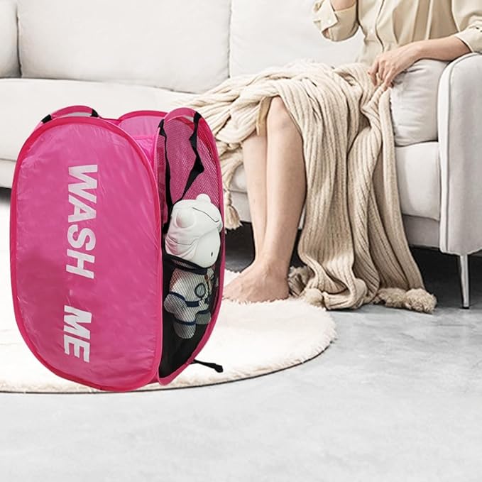 2 Pack Mesh Pop Up Laundry Hamper Collapsible Laundry Basket with Side Pocket, Strong Handles, Storage Organizer for Bedroom, Nursery Room, College Dorms (Black+Pink)