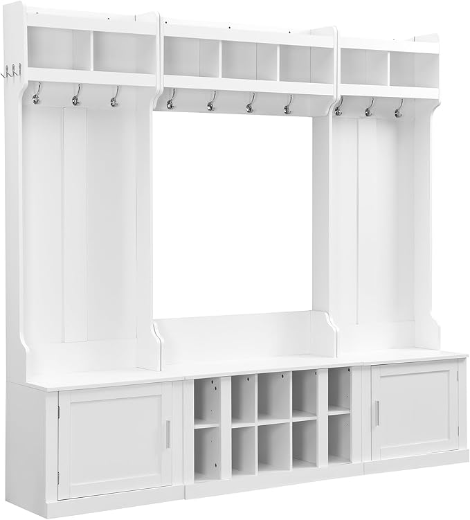 Modern Hall Tree with Storage and Bench, 4-IN-1 Multi-Functional Entryway Bench with Coat Rack and Shoe Cubbies, Practical Furniture for Mudrooms Organization Entryway Living Room (White-65f)