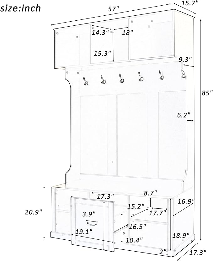 Modern Hall Tree with 6 Hooks, Coat Hanger, Entryway Bench, A Spacious Drawer, Two Adjustable Shelves, 3-in-1 Design Hall Tree for Entrance, Living Room (Black/333)