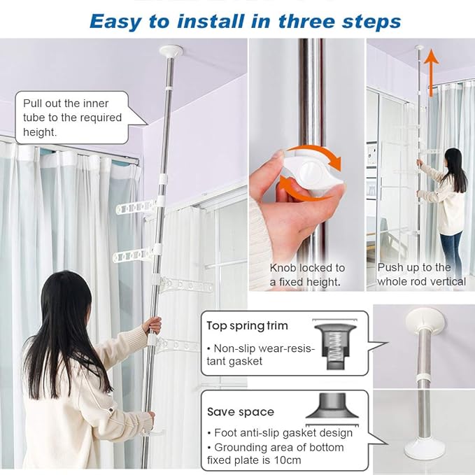 BAOYOUNI Adjustable Corner Coat Rack Stand Entryway Hall Tree Hat Jacket Hanger Hooks Floor to Ceiling Holder Organizer for Clothes, Purse, Scarves, Handbags, Umbrella, Plants - Ivory