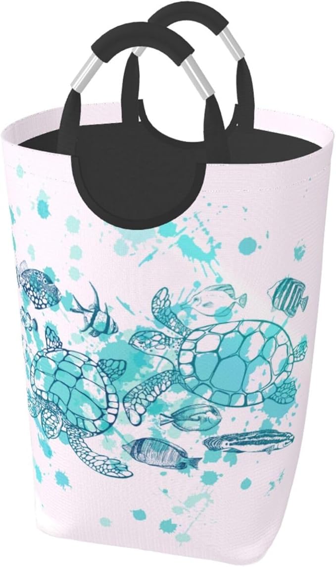Sea Turtle Laundry Basket Beach Decor Laundry Hamper Ocean Fish Collapsible Baskets with Handle Dirty Clothes Hamper Bag for Dorm Family Bathroom Decor Storage 50L