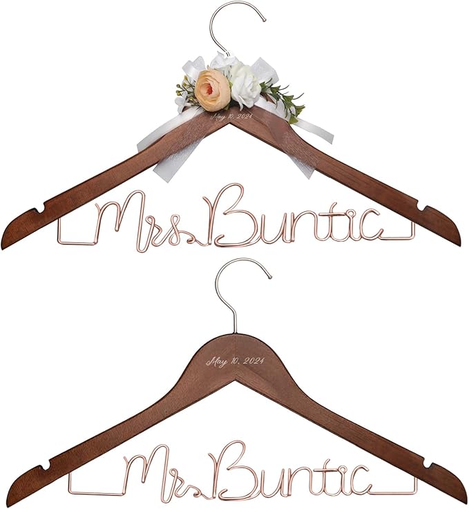 2 Pcs Personalized Wedding Hangers, Mr & Mrs Custom Hangars Name Wire for Bride and Groom, Wooden Dress Hanger, 4 Colors Wedding Hangers for Bridal Shower, Engagement, Anniversary, Bridesmaid Gift
