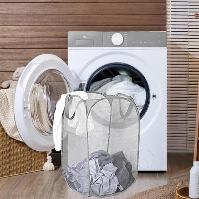 Pop Up Laundry Hampers, Collapsible Mesh Laundry Baskets for Home, Dorm, Travel, Portable Clothes Hampers, Pack of 2 (Black + Grey)