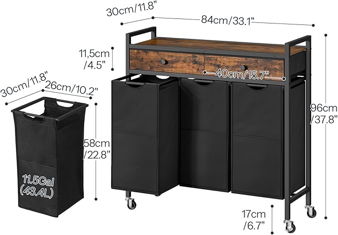 HOOBRO Laundry Sorter 3 Section, 130L Laundry Hamper with 2 Drawers, Rolling Laundry Basket, Pull-Out and Removable Laundry Bags for Laundry Room Organization, Rustic Brown and Black BF78XY01