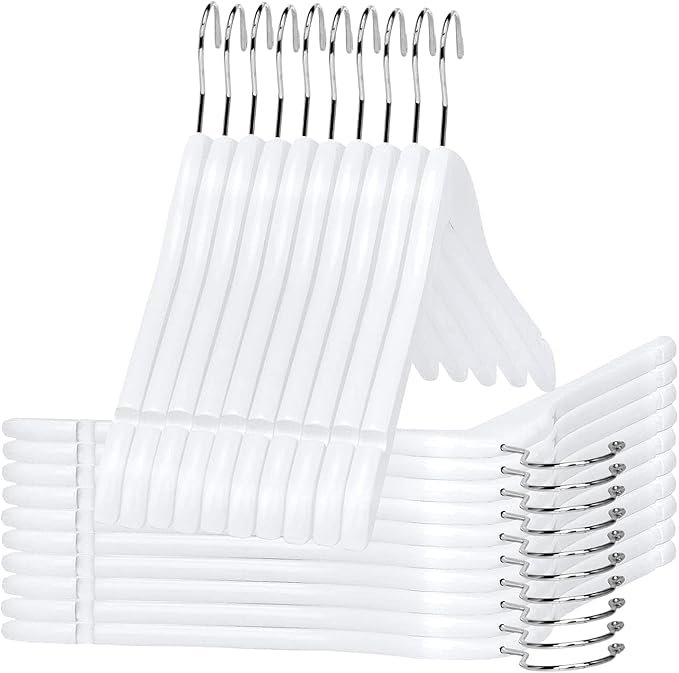 Quality Semi Curved Wooden Suit Hangers, 10-Pack Smooth Finish Solid Wood Coat Hanger with Swivel Hook, Jacket, Pant, Dress Clothes Hangers (White, 10)