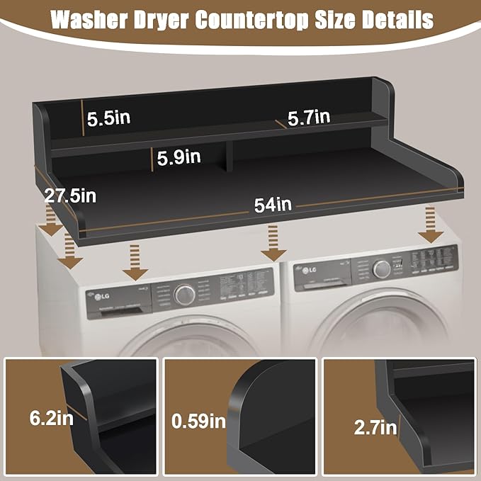 2-Tier Washer and Dryer Countertop, Wooden Washer Dryer Countertop, 27.5" Depth X 54" Laundry Countertop Over Washer and Dryer for Folding Clothes Over Washer and Dryer(Black)