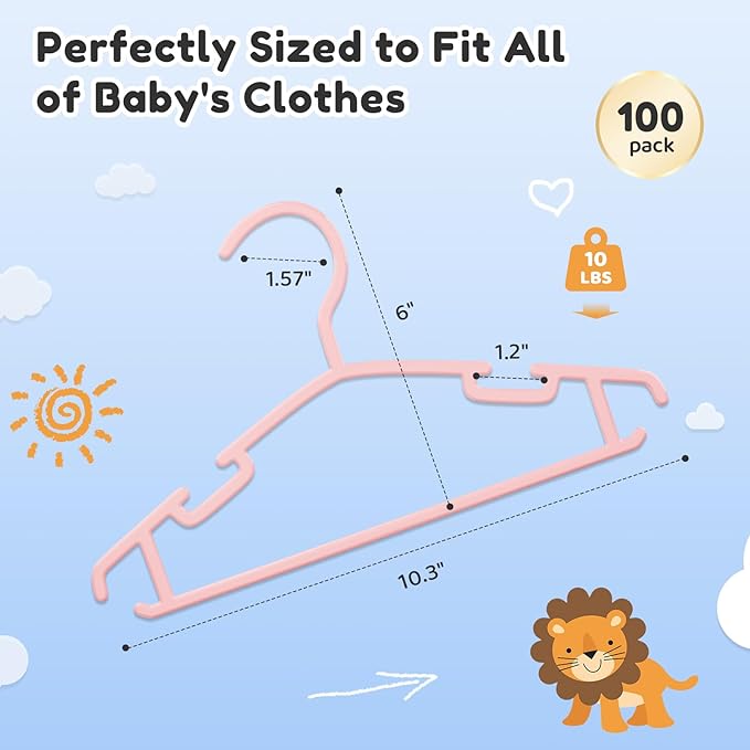 Baby Hangers 100 Pack Non-Slip Kids Plastic Hangers for Closet, Space Saving Toddler Hanger for Infant Clothing, Childrens Hanger Pink