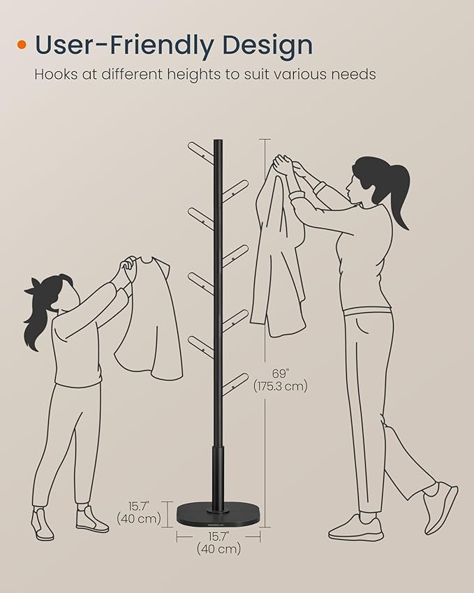 SONGMICS HOME Tree-Shaped Coat Rack, Freestanding Coat Tree, Coat Hanger Stand with 8 Sturdy Hooks, with Curved Edges, for Clothes, Hats, Bags, Ink Black URCR037B01