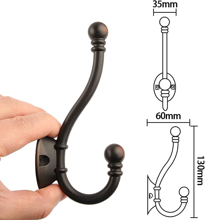 HASWARE 6 PCS Double Prong Robe Hook, Large Dual Coat Hooks with 12 Pcs Screws Wall Mounted Hooks Robe Antique Hangers Heavy Duty for Home Coats Hat Clothes Hanger Towel Keys (Oil-Rubbed Bronze)