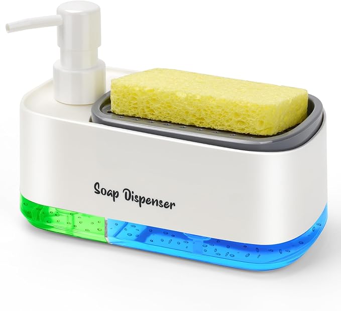 Hand and Dish Soap Dispenser Set for Kitchen, Dual Soap Dispenser with Sponge Holder, 3-in-1 Countertop Soap Pump Dispenser for Kitchen Sink, Useful Kitchen Gadgets - White