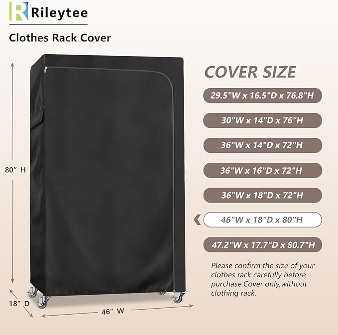 Rileytee Garment Rack Cover,600D Heavy Duty Waterproof Clothing Rack Cover,Clothes Rack Cover with Zipper for Metal Garment Rack(Black,46"W x 18"D x 80"H,Cover Only）