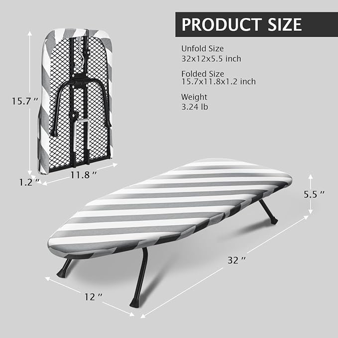 SheeChung Small Ironing Board 12"x32" Foldable Ironing Board with Cotton Cover and Pad,Tabletop Compact Ironing Broad with Retractable Hook & Skidproof Feet for Small Spaces Laundry Room,Grey Striped