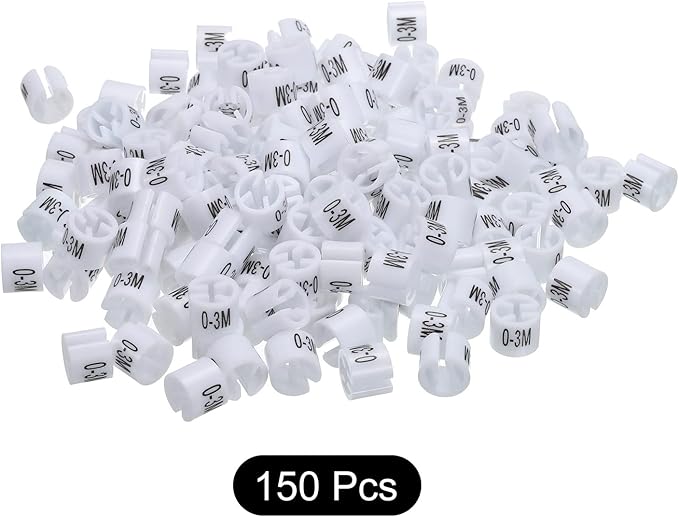 MECCANIXITY Clothes Hanger Marker (0-3M, White) Colored Hanger Sizer Garment Markers Tag, Pack of 150