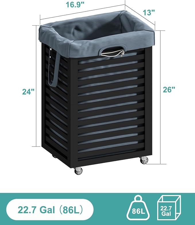 Black Laundry Hamper, Laundry Hamper with Wheels, 22.7 Gallon (86L) Bamboo Wood Clothes Laundry Basket with Handles, Removable Liner