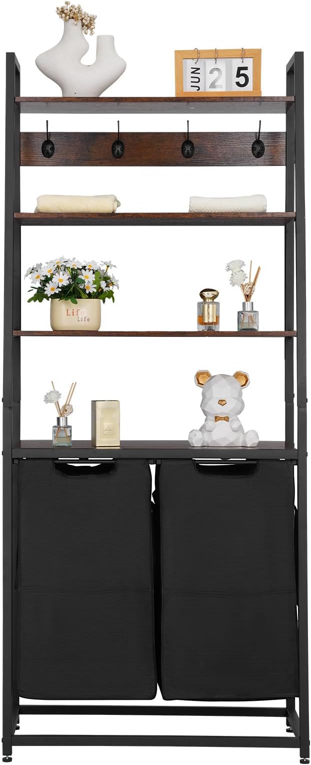 VEVOR 4 Tiers Laundry Sorter, Tall Laundry Hamper with Shelves and Hooks, 2 Section Freestanding Basket Organizer Storage with 600D Oxford Cloth Bags and Ladder Shelves for Dirty Clothes, Bathroom