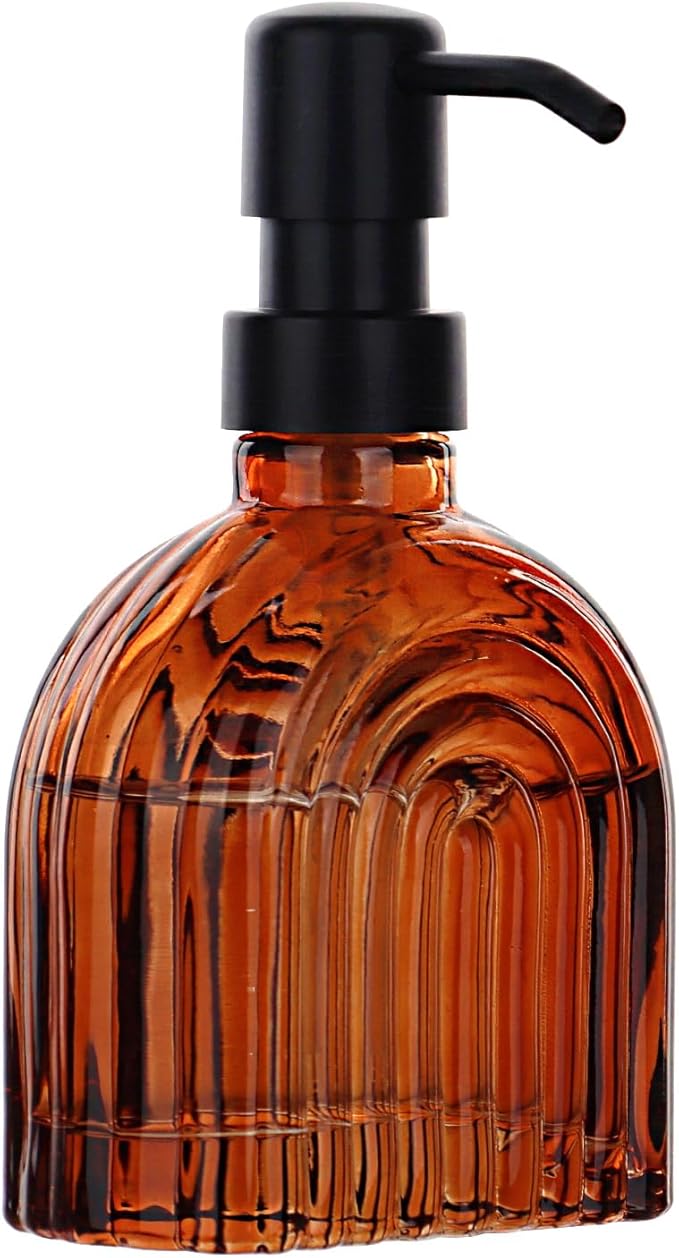 Glass Soap Dispenser for Kitchen and Bathroom Contertop Wash Hand Liquid, Dish Detergent, Farmhouse Style Shampoo Lotion Pump (1, Brown Glass with Black, 4" x 2"x 6-5/8")