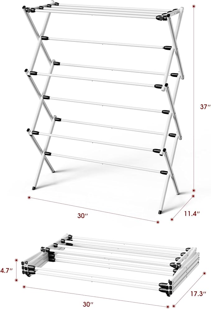 Foldable Clothes Drying Rack – Metal Laundry Drying Rack with Non-Slip Feet, 3-Tier Space-Saving Clothing Rack for Laundry Organization, Indoor & Outdoor Use, 11.4" D x 30" W x 37" H, White