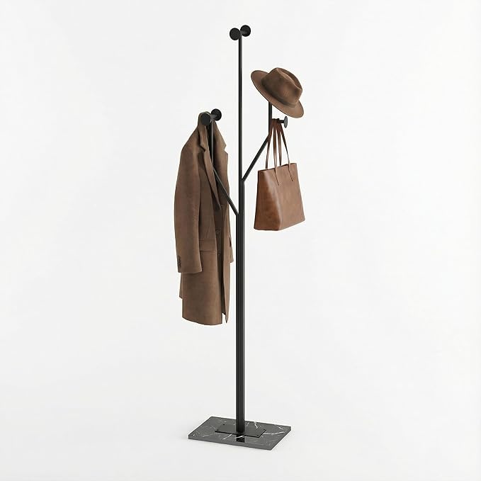 Coat Rack Stand, Freestanding Metal Coat Rack with Sturdy Marble Base, Modern Standing Coat Rack Tree for Entryway, Bedroom, Office & Hallway, Space-Saving Design, Black, 68.9 Inches Tall