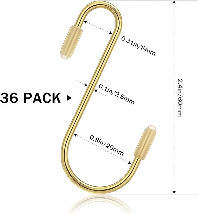 Hotop 36 Pcs Gold S Hooks for Hanging 2.4 Inch Heavy Duty S Shaped Hook Rack Metal Non Slip Hanger for Christmas Tree Stocking Kitchen Pot Utensils Closet Wire Bathroom Bedroom Pan Bag Towel Plant
