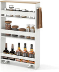 4-Tier Slim Rolling Storage Cart, Wooden Kitchen Utility Cart with Wheels & Handle, Space Saving Trolley, Slide Out Shelving Unit for Narrow Spaces, Laundry, Bathroom (White + Natural)
