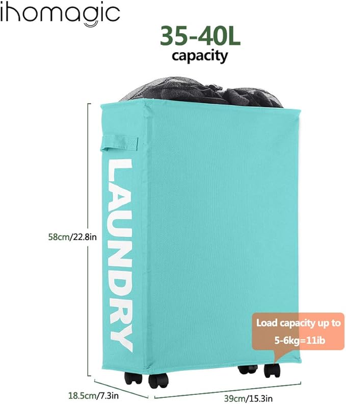 Slim Rolling Laundry Basket with wheel, IHOMAGIC Rectangle Storage Hamper - Thin Laundry Basket Corner Fittable Laundry Bin Flexible handle Laundry Sorter For Dormitory, Hotel, 39x18.5x58cm 41L, Blue