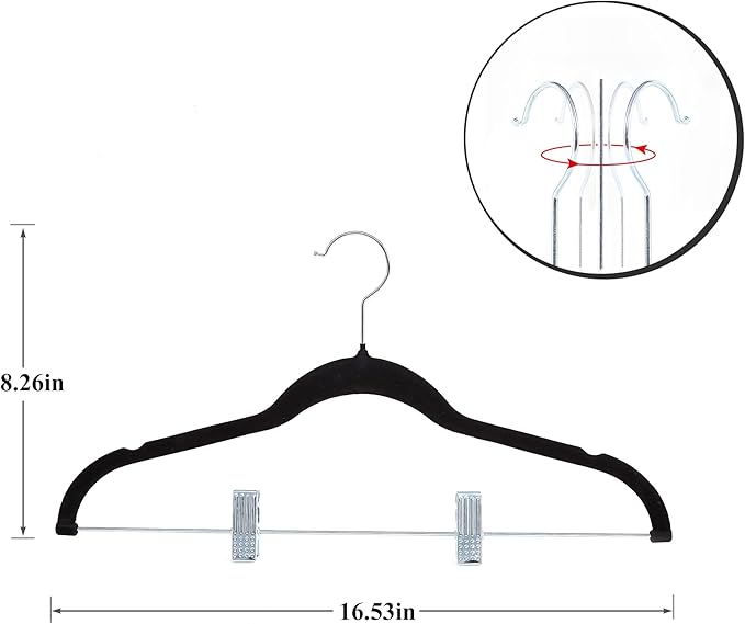 VECELO 20 Pack Black Velvet Clothes Hangers with Adjustable Clips,Heavy-Duty Non Slip & Space-Saving with 1 Magic Hangers and 2 Tie Rack for Suit Coat Pants Skirt Dresses