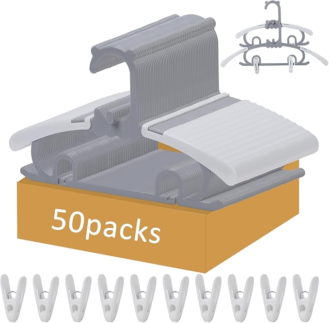 50 Pack Plastic Hangers with 16 Clips, 11-15 inch Adjustable Clothes Hanger, Durable & Non-Slip, Space Saving Coat Hangers for Pants, Jackets and Dress (Grey)