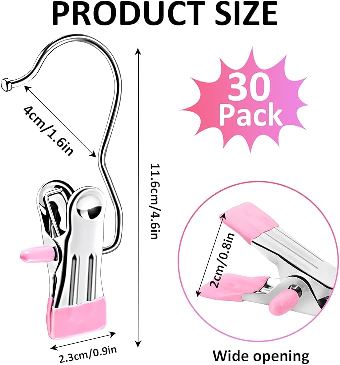 Boot Hangers for Closet,30 Pack Laundry Hooks with Clips,Stainless Steel Boot Hanger Clips,Portable Hangers Single Clip Space Saving Boot Clips for Hanging (Pink)