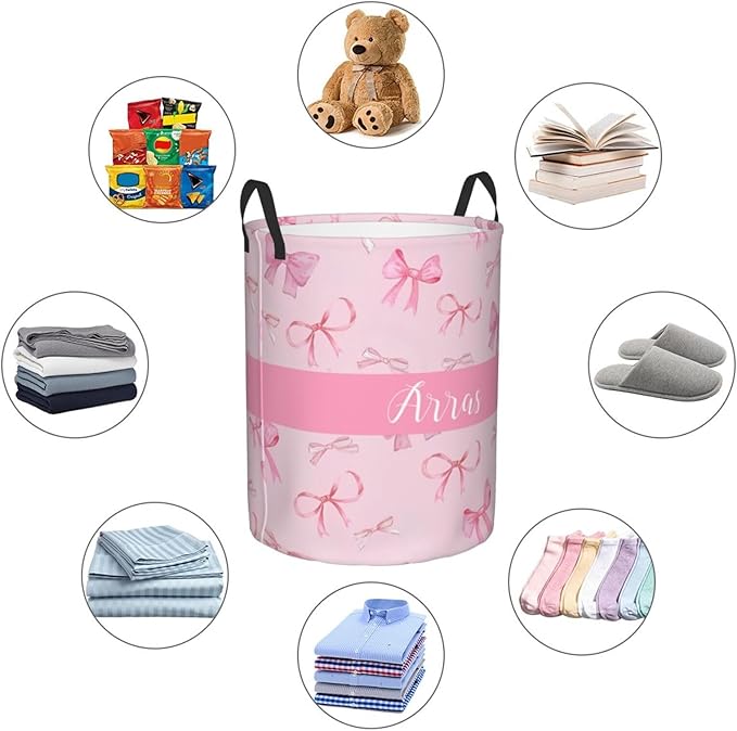 Personalized Laundry Basket for Nursery, Custom Nursery Laundry Hamper with Name, Customize Baby Clothes Circular Hamper for Boys Girls Room Decor, Pink Bows