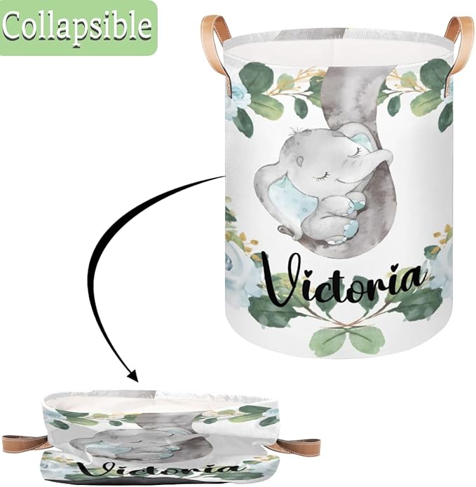 Personalized Laundry Basket, Custom Gift Laundry Hamper, Collapsible Nursery Waterproof Laundry Baskets, Dirty Clothes Toy Hamper with Handles Blue Floral Elephant