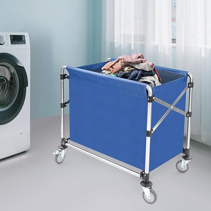 Commercial Laundry Cart with Wheels, 440lbs Rolling Laundry Basket, Heavy Duty Folding Laundry Cart with Oxford Cloth Hamper, 34.25 * 20.47 * 30.7in for Home, Dorm, Hotel, and Commercial Use (Blue)