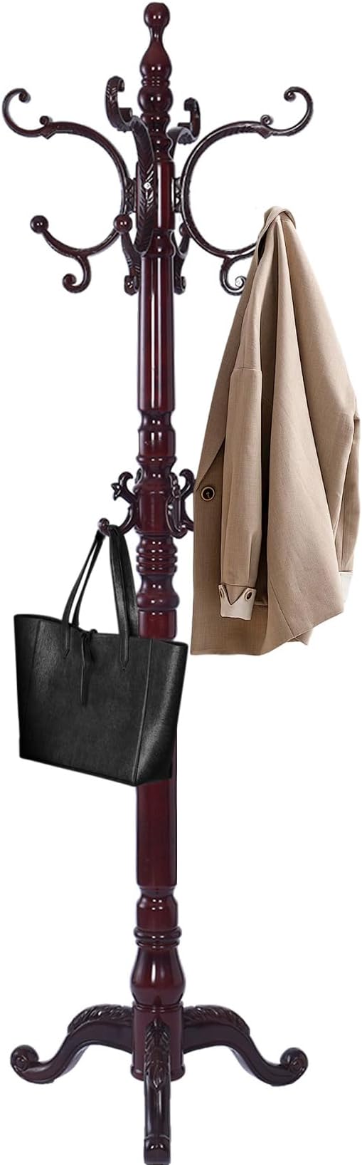 Wooden Coat Racks, Retro 78" Coat Tree with 12 Hooks & Stable Triangular Base, Entryway Coat Rack Freestanding for Hat, Clothes, Scarves, Handbags, Umbrella (Mahogany)