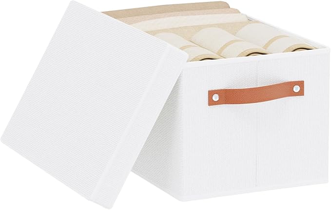 Fabric Storage Box with Lid, Foldable Storage Bin for Shelves, Decorative Closet Organizer with Handles, White, 15 x 9.8 x 8.3 Inch,1-Pack
