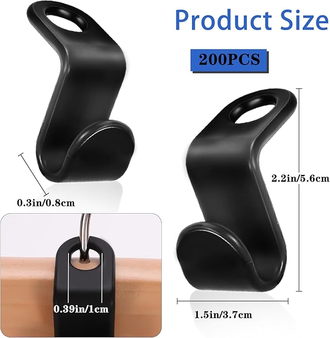 200 PCS Plastic Clothes Hanger Connector Hooks, Space Saving Hanger Extender Clips, Heavy Duty Closet Organizer (Black)