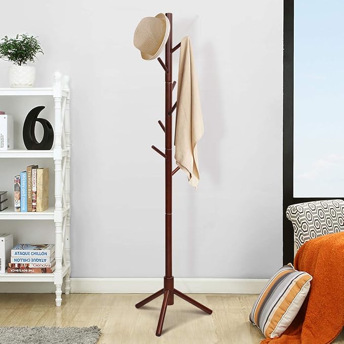 Tangkula Coat Rack Freestanding, Rubber Wood Coat Stand with 8 Hooks, Height Adjustable Entryway Coat Tree Coat Hanger Stand for Home Office Hall Entryway