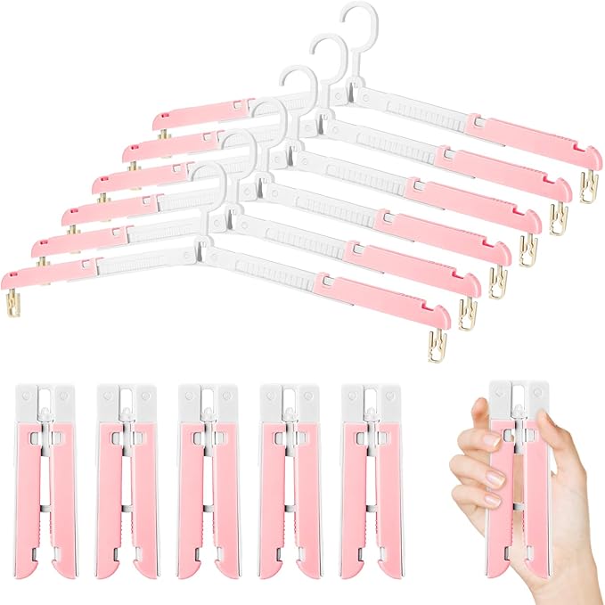 Foldable Travel Hangers for Cruise, 6 Pack Portable Collapsible Hangers with Clips, Folding & Space-Saving Suitcase Hangers for Travel, (Pink-White)