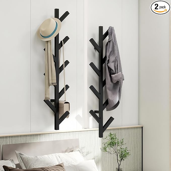 2 Pack Vertical Coat Rack Wall Mounted - 9 Hooks, Coat Hooks for Wall, Modern Metal Coat Tree for Hats, Jackets, Bags, Entryway Bedroom-Black (Height 37.8")